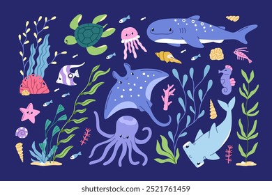 Animales submarinos, conjunto de algas. Linda fauna marina, bajo el agua bajo la naturaleza submarina. Pescado feliz, pulpo, tortuga. Adorables personajes del océano, plantas de algas. Ilustraciones vectoriales planas infantiles aisladas