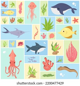 Underwater sea animals and fishes set vector illustration. Cartoon happy wild inhabitants of ocean life or aquarium, coral reef wildlife and tropical nature collection in square collage background