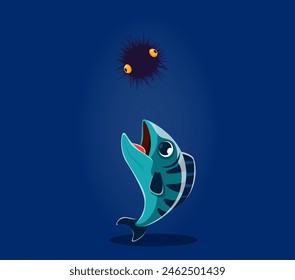 Underwater sea animals in font, undersea type semicolon of fish and urchin, cartoon vector. Semicolon punctuation mark in ocean alphabet or undersea typeface and sea font as underwater fishes