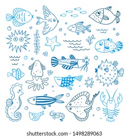 Underwater sea animals vector illustrations. Cute ocean characters for kids: fishes, seaweed, lobster, starfish blue outline doodles