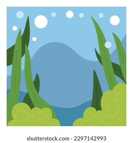 Underwater sea background. Cartoon ocean floor with seaweeds. Sea bottom landscape. Tropical marine life. Square flat vector illustration.