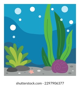 Underwater sea background. Cartoon ocean floor with seaweeds and shells. Sea bottom landscape. Tropical marine life. Square flat vector illustration.
