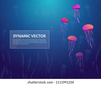 Underwater sea background. Diving and swimming jellyfish in water column. Gradient background of blue water and light from above. Glowing circles in water. Text banner for nautical theme.