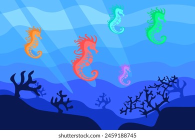 Underwater sea background. Seahorse underwater background. Flat Style. Vector illustration