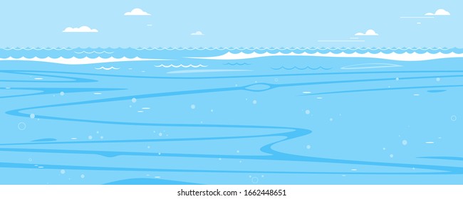 Underwater sea background in side view, simple lines of sea waves and underwater currents in flat style