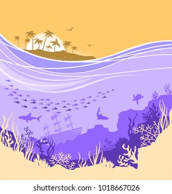 Underwater sea background with tropical island horizone and many fishes.Vector seascape for text or design