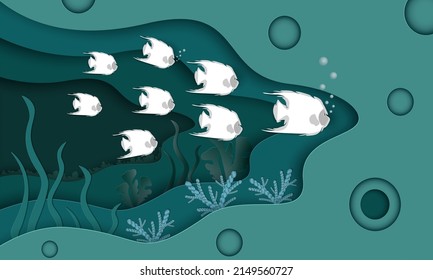 Underwater sea cave with aquatic plants, corals and fish. Underwater world concept in paper art style. Vector illustration.