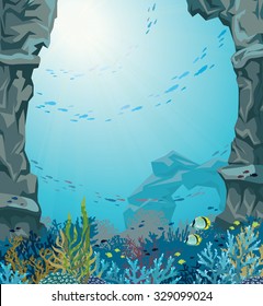 Underwater sea cave and coral reef with school of fish on a blue background. Nature vector seascape.