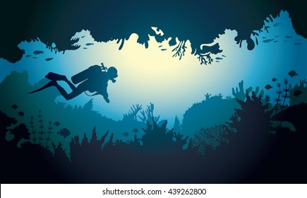 Underwater sea cave with scuba diver, coral reef and fish. Tropical vector illustration. 