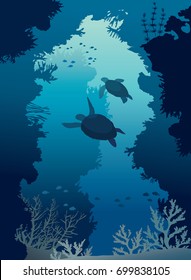 Underwater Sea Cave With Silhouette Of Two Turtles, Coral Reef And School Of Fishes. Deep Blue Marine Life. Vector Illustration.