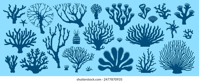 Underwater sea coral reef and seaweeds dark blue silhouettes. Vector set of diverse plant species found in reef ecosystems. Branching, leafy and fan-shaped corals, rich biodiversity of marine life