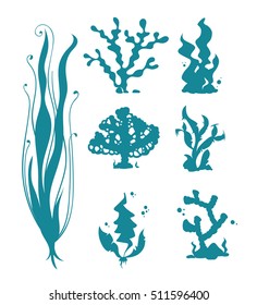 Underwater sea corals and algae vector silhouettes isolated on white. Ocean coral and reef, seaweed undersea. illustration of corals organism