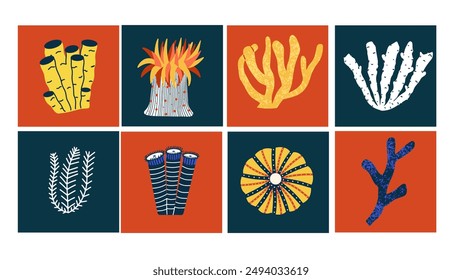 Underwater sea corals and reefs set. Nature life concept cards. Vector