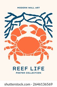 Underwater sea crab vector illustration. Minimalist retro poster design with ocean creature, seaweeds, corals