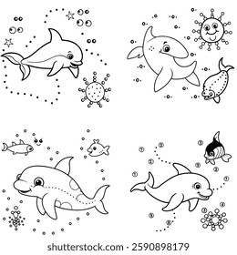 Underwater Sea Creatures Dot-to-Dot Coloring Pages for Kids. series of dot-to-dot coloring pages featuring various underwater sea creatures such as dolphins, sharks, octopuses, and turtles