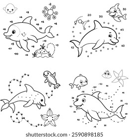 Underwater Sea Creatures Dot-to-Dot Coloring Pages for Kids. series of dot-to-dot coloring pages featuring various underwater sea creatures such as dolphins, sharks, octopuses, and turtles