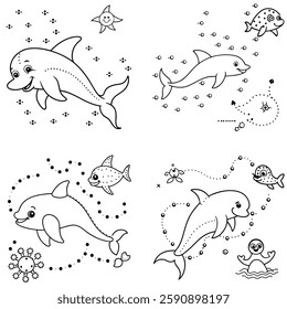 Underwater Sea Creatures Dot-to-Dot Coloring Pages for Kids. series of dot-to-dot coloring pages featuring various underwater sea creatures such as dolphins, sharks, octopuses, and turtles