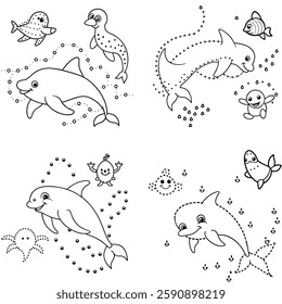 Underwater Sea Creatures Dot-to-Dot Coloring Pages for Kids. series of dot-to-dot coloring pages featuring various underwater sea creatures such as dolphins, sharks, octopuses, and turtles