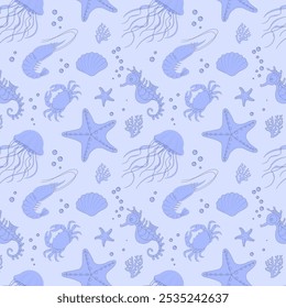 Underwater Sea Creatures in Pastel Blue Pattern