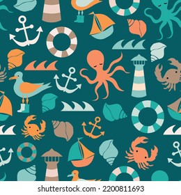 Underwater sea creatures seamless pattern with octopus, lighthouses, waves, seashells, sailing boats, anchors, crabs etc. Vector illustration