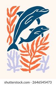 Underwater sea dolphins vector illustration. Minimalist retro poster design with ocean creature, seaweeds, corals
