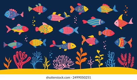 Conjunto de dibujos animados abstractos de peces de mar submarinos. Arrecife de coral del océano, marino o acuario algas ilustración infantil. Abstractas diseño exótico arte ingenuo. Ilustración vectorial de fondo de paisaje marino submarino