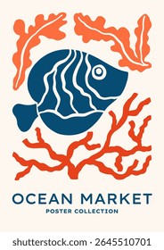 Underwater sea fish vector illustration. Minimalist retro poster design with ocean fish, seaweeds, corals