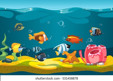 Underwater sea with fishes and rocks vector background for mobile phone game