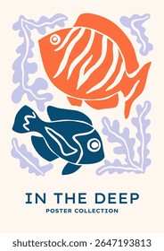 Underwater sea fishes vector illustration. Minimalist retro poster design with ocean fishes, seaweeds, corals