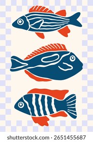 Underwater sea fishes vector illustration. Minimalist retro poster design with ocean creatures on checkered background