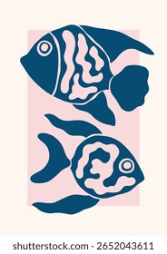 Underwater sea fishes vector illustration. Minimalist retro poster design with ocean fishes on pink background