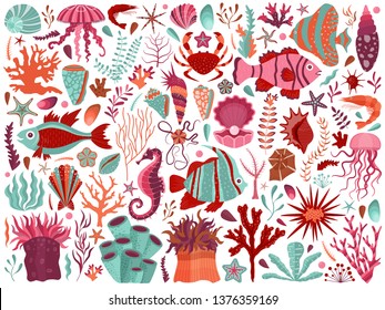 Underwater sea flora and fauna set with algae, corals, fishes, shells, and medusas on dark background. Ocean coral reef animals and plants. Tropical marine life elements collection, undersea world.