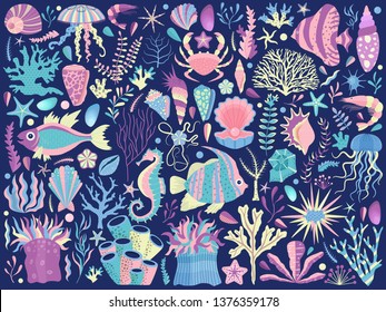 Underwater sea flora and fauna set with algae, corals, fishes, shells, and medusas on dark background. Ocean coral reef animals and plants. Tropical marine life elements collection, undersea world.