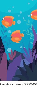 Underwater sea illustration with three bright fish swimming above the rocks and seaweed. This illustration can be used for colourful backdrops and book covers. 