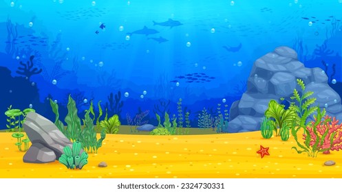 Underwater sea landscape, arcade game ocean level. Cartoon vector parallax background with sea bottom, fish shoal and dolphin silhouettes. Coral, plants and rocks. Tropical ocean floor, undersea world