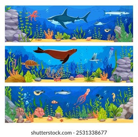 Underwater sea landscape banners with ocean animals. Cartoon undersea world environment with marine creatures. Vector cards with shark, turtle, seal, fish shoal, tropical corals and seaweed plants