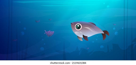 Underwater sea landscape with cute fish and silhouettes of seaweed. Vector cartoon illustration of undersea, aquarium or river with water animals and plants