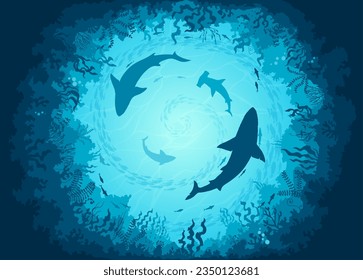 El paisaje marino submarino con tiburones y peces tiene vistas al fondo. Fondo vectorial con vórtice de siluetas de depredadores oceánicos crea una visión fascinante, mostrando belleza y diversidad de vida marina