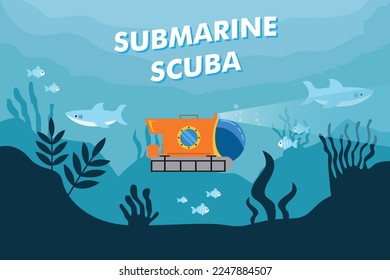 Underwater sea landscape with submarine 2d vector illustration concept for banner, website, illustration, landing page, flyer, etc