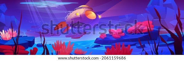 Underwater sea
landscape with submarine, aquatic plants and animals. Vector
cartoon illustration of ocean bottom with bathyscaphe with
propeller and light, seaweed and
actinias