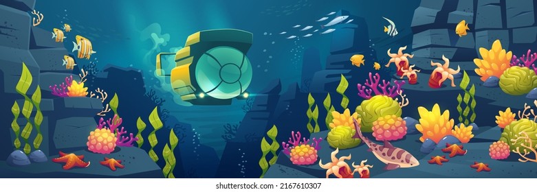 Underwater sea landscape with submarine, fish, corals, marine plants and animals. Vector cartoon illustration of tropical ocean bottom scene with bathyscaphe, seaweed, aquatic fauna