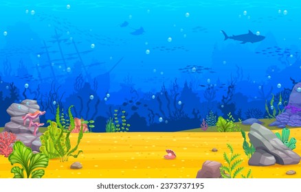 Underwater sea landscape with sunken ship and ocean seaweeds, arcade game level, vector background. Undersea coral reef or ocean landscape with sunken ship, sharks and stingray fishes in silhouette