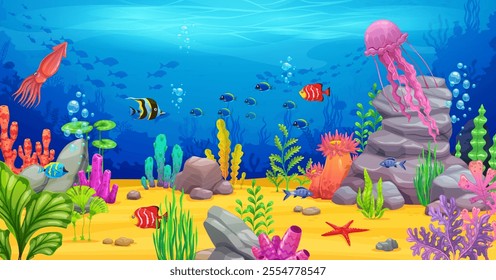 Underwater sea landscape with tropical fishes for cartoon game, vector background. Undersea coral reef landscape with sea animals and ocean fishes, squid and jellyfish or starfish for game background