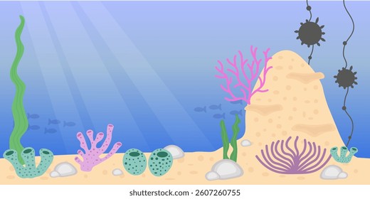 Underwater sea life background. Ocean, wild sea animals, fishes and plants. Cartoon natural underwater world with cute exotic fishes, water corals, ocean plants and colorful algae. Vector illustration