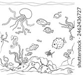 Underwater sea life colouring book design page, vector.