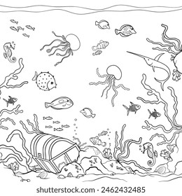 Underwater sea life colouring book design page, vector.