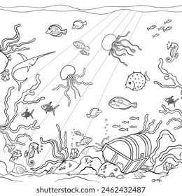 Underwater sea life colouring book design page, vector.