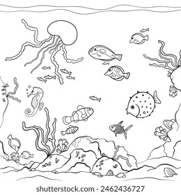 Underwater sea life colouring book design page, vector.