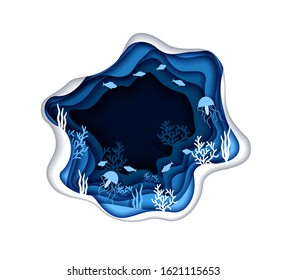 Underwater sea life, fish, jellyfish, corals. Save ocean concept design. Vector illustration in paper cut style