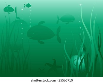 Underwater sea life green background.  Vector illustration.